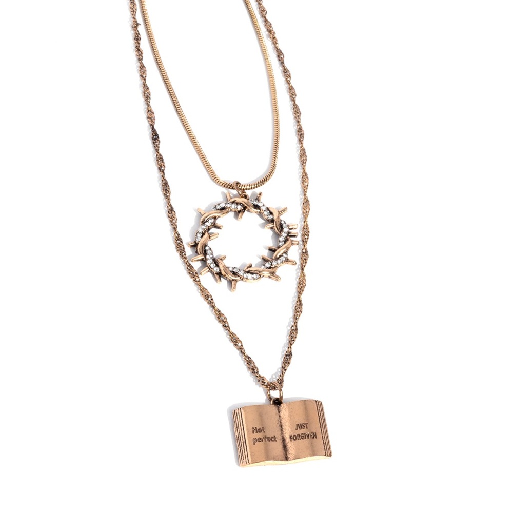 Gold Layered Bible Necklace with “Not Perfect but Forgiven” & a Crown of Thorns - Picture 2 of 4